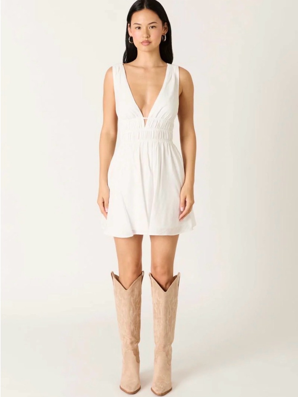 Cotton Candy White Crinkle V-Neck Tie Dress